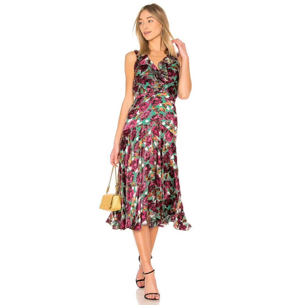 SALONI Rita Dress Seagreen‎ Cloudy Rose Floral Midi Sz 2 Ruffles Flowy Silk Sexy
